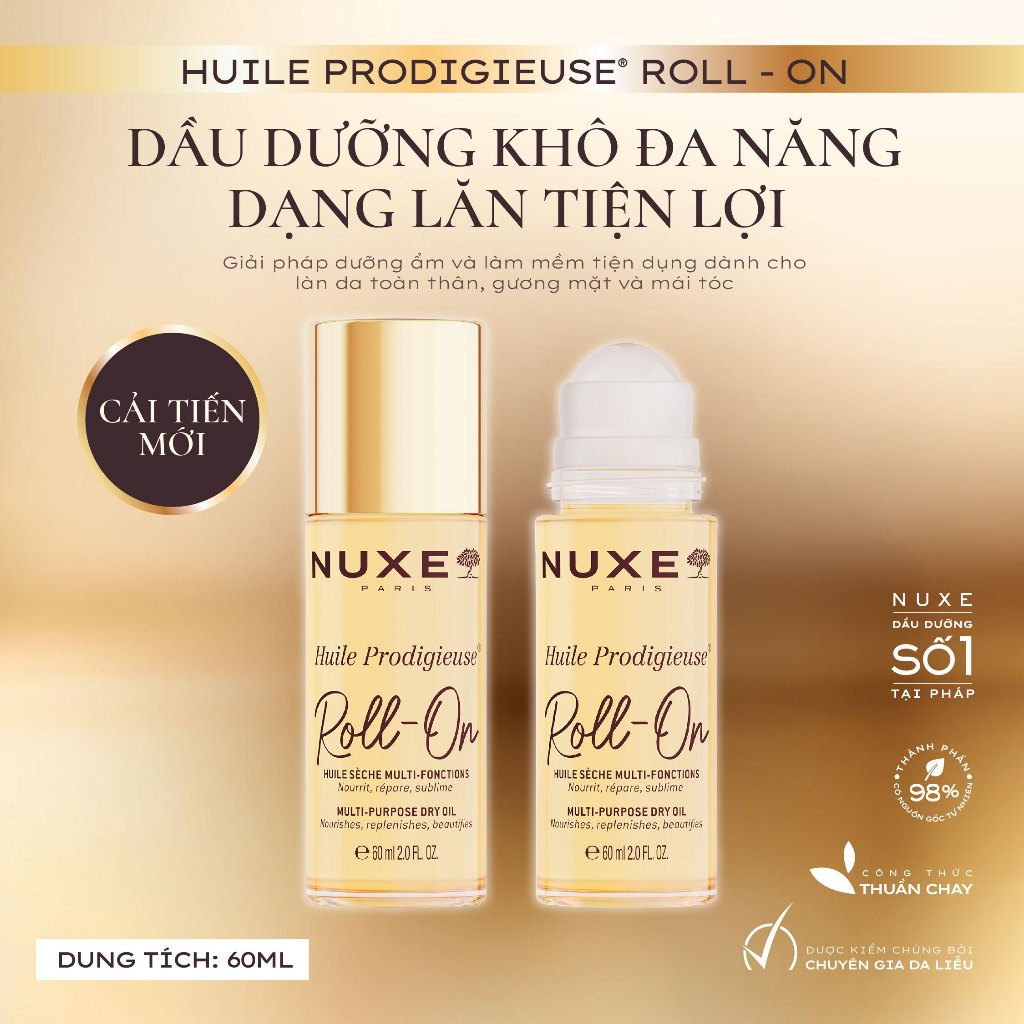 Dầu Khô Đa Năng Dạng Lăn Tiện Lợi Nuxe Huile Prodigieuse® ROLL-ON Multi-Purpose Dry Oil 60ML