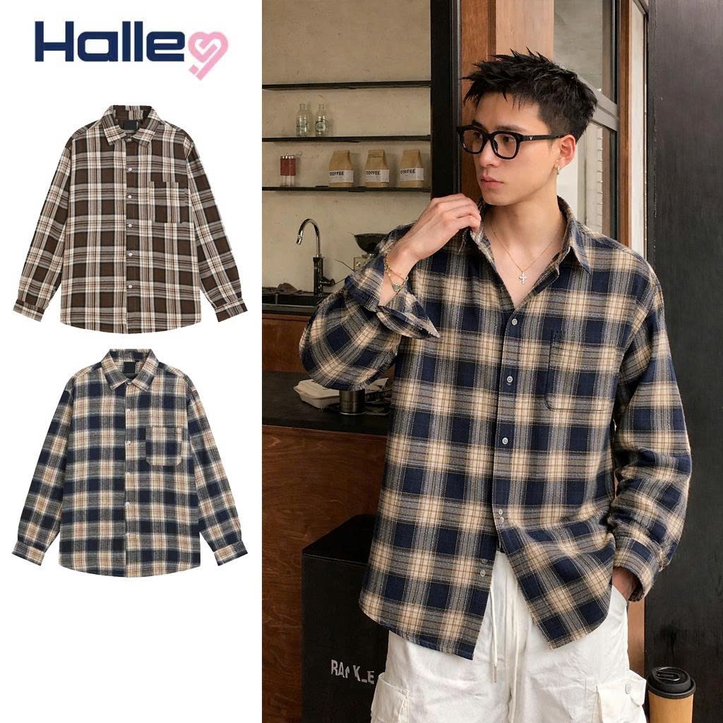 Áo Sơ Mi Nam Halley Kẻ Caro Hàn Quốc - Sơ Mi Nam Dài Tay Form Rộng Khoác Ngoài Đi Biển Đi Chơi A48