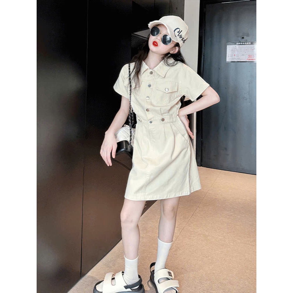 Đầm kaki Bé Gái Dáng Sơ Mi Ngắn Tay Thắt Eo Nhẹ Phong Cách Hàn Quốc Thanh Lịch cho mẹ và bé diện đồ đôi