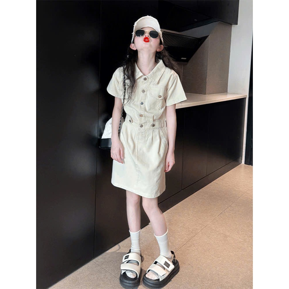Đầm kaki Bé Gái Dáng Sơ Mi Ngắn Tay Thắt Eo Nhẹ Phong Cách Hàn Quốc Thanh Lịch cho mẹ và bé diện đồ đôi