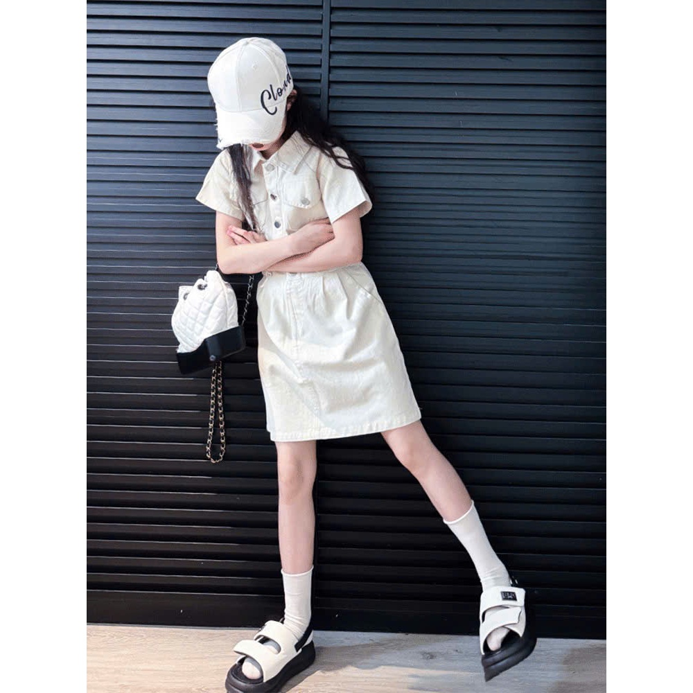 Đầm kaki Bé Gái Dáng Sơ Mi Ngắn Tay Thắt Eo Nhẹ Phong Cách Hàn Quốc Thanh Lịch cho mẹ và bé diện đồ đôi