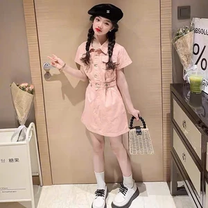 Đầm kaki Bé Gái Dáng Sơ Mi Ngắn Tay Thắt Eo Nhẹ Phong Cách Hàn Quốc Thanh Lịch cho mẹ và bé diện đồ đôi