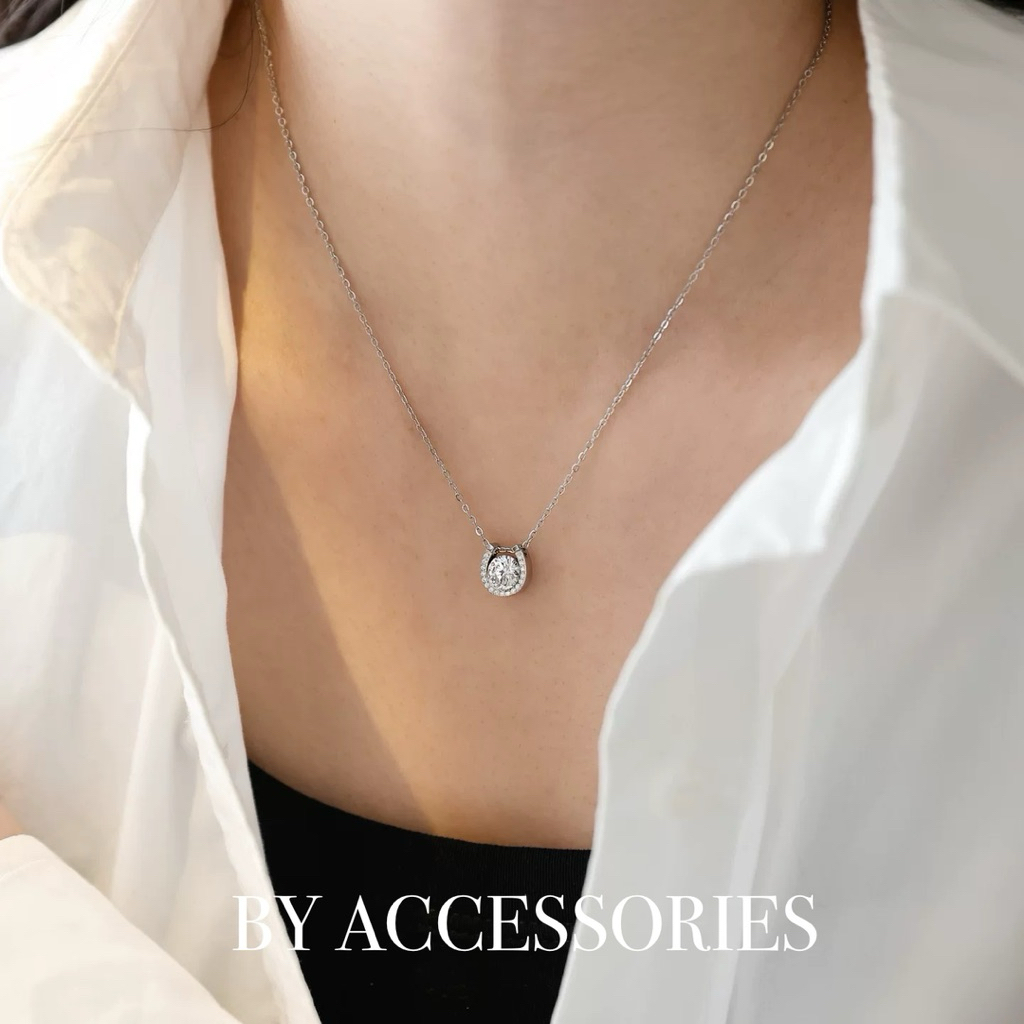 Dây chuyền nữ titan xích mảnh phối mặt chữ U khảm đá lấp lánh không gỉ WN2637 BY ACCESSORIES
