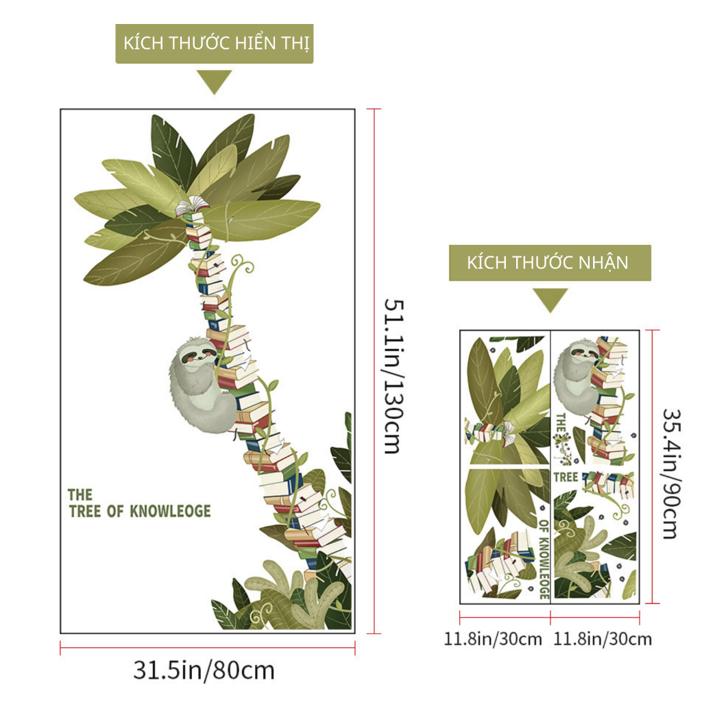 Decal Dán Tường Cây Sách Tri Thức Có Keo Sẵn 80x130cm – Trang Trí Góc Học Tập