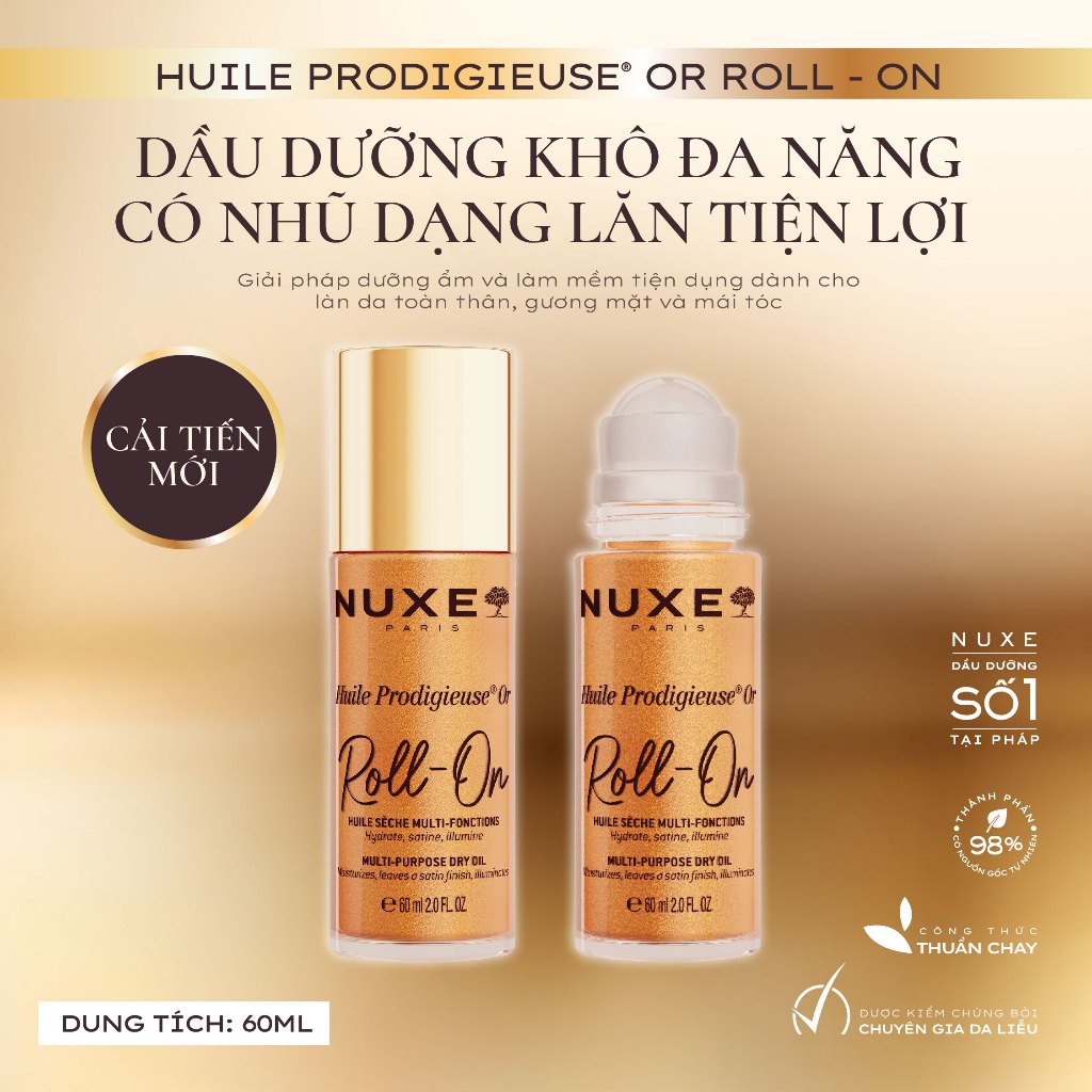 Dầu Khô Đa Năng Dạng Lăn Tiện Lợi Nuxe Huile Prodigieuse® Or ROLL-ON Multi-Purpose Dry Oil 60ML