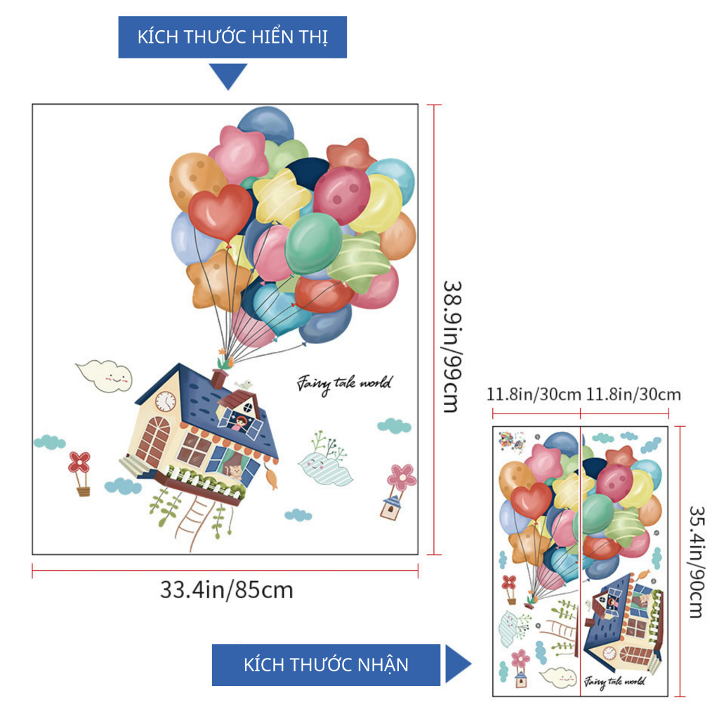 Decal Dán Tường Ngôi Nhà Bóng Bay Có Keo Sẵn 85x99cm - Trang Trí Phòng Khách Phòng Ngủ Cho Bé