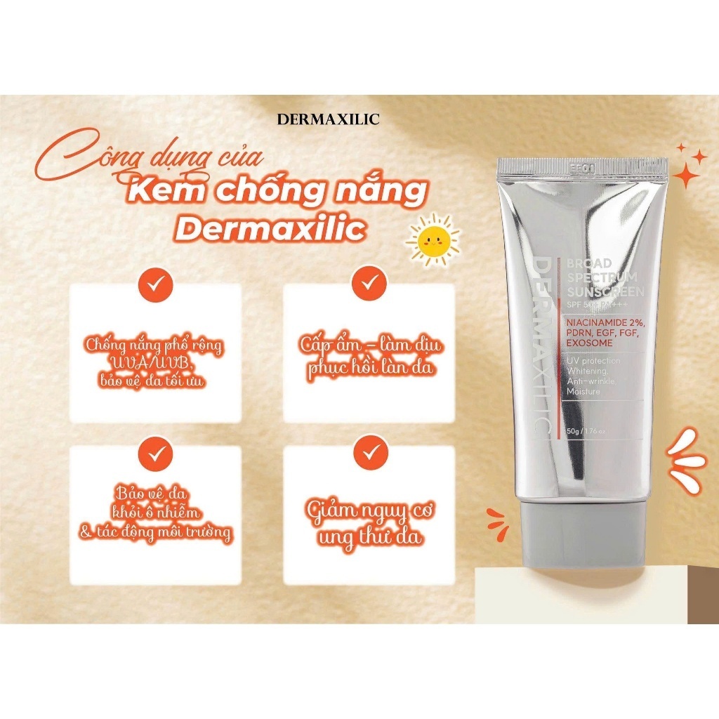 Kem Chống Nắng Dermaxilic Broad Spectrum Sunscreen SPF50+/PA++ Công Thức Vật Lý Hóa Học Dưỡng Trắng Da 50ml-ThyLee