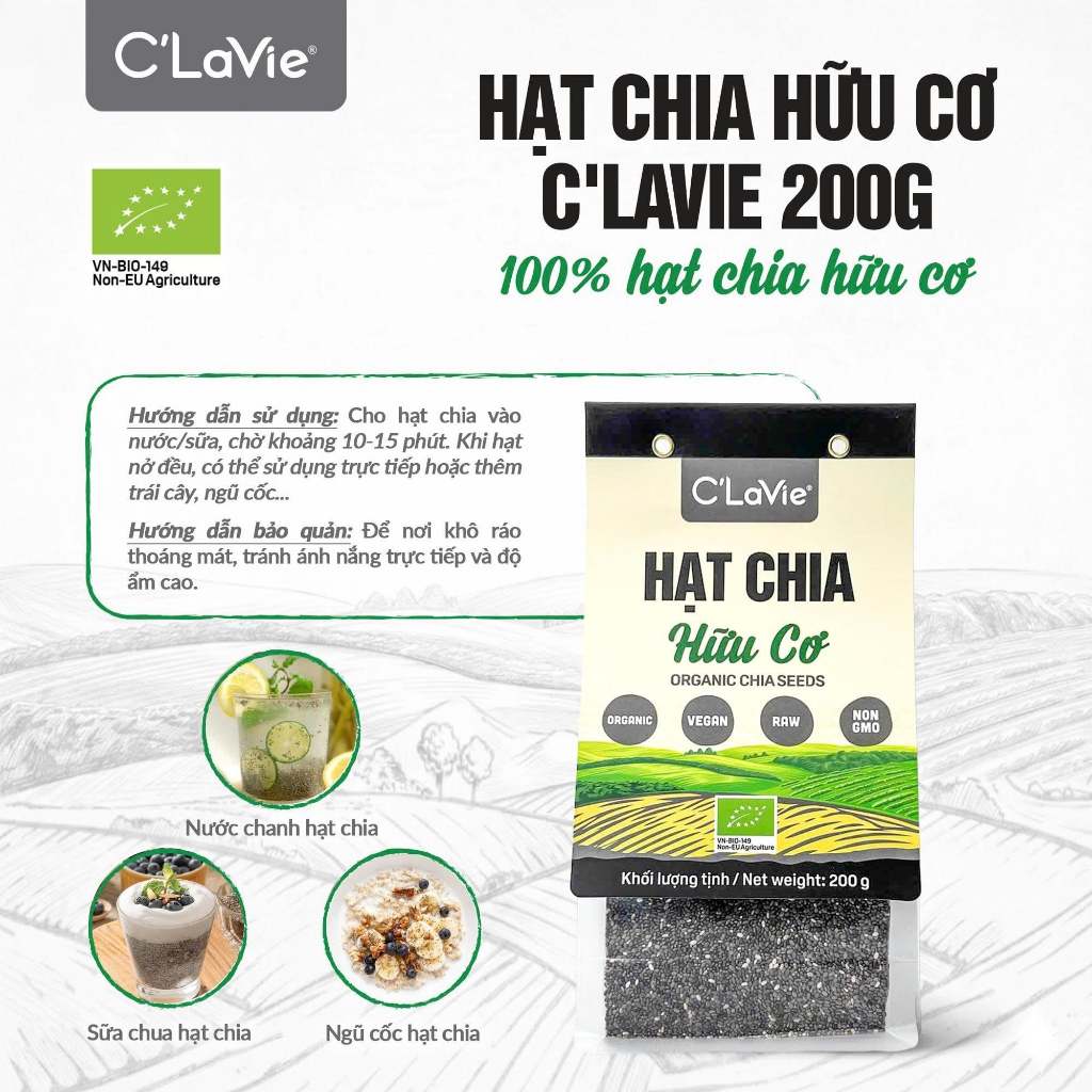[Chính hãng C`lavie] Hạt Chia, Yến Mạch, Đậu Nành, Hạt Kê Nếp Hữu cơ cho bé ăn dặm