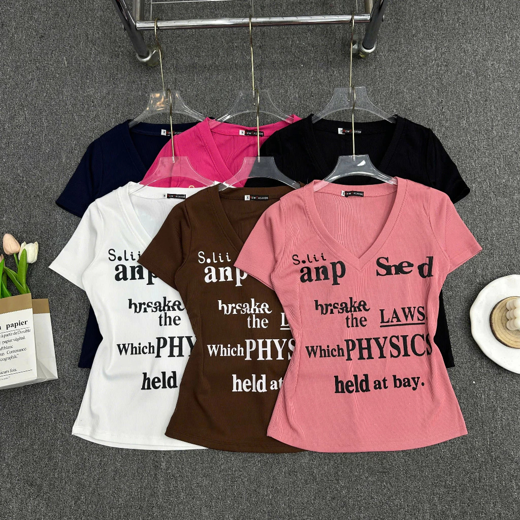 Áo Thun Nữ Cổ Tim Tay Ngắn In Chữ Thời Trang 45kg-85kg Bigsize ESHOP Thun Tăm Cotton Mềm Mịn MS550