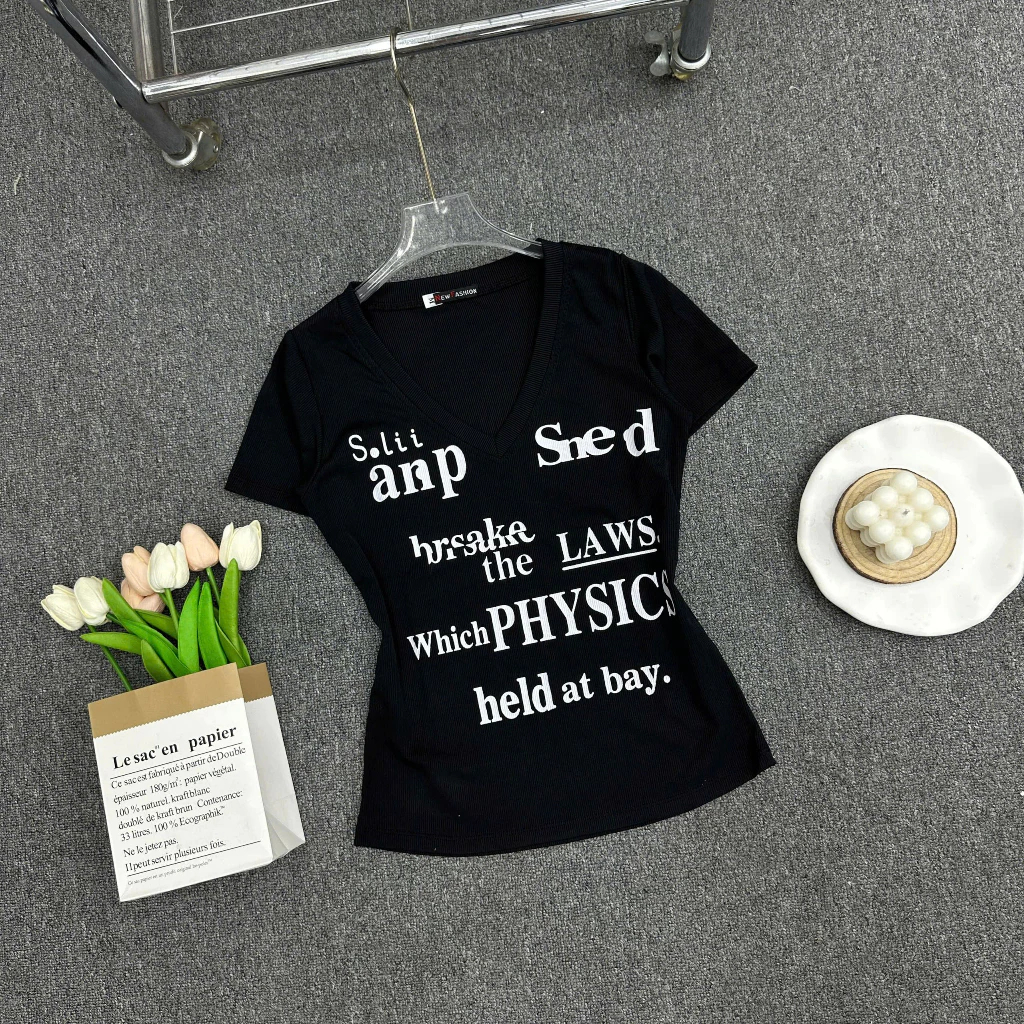 Áo Thun Nữ Cổ Tim Tay Ngắn In Chữ Thời Trang 45kg-85kg Bigsize ESHOP Thun Tăm Cotton Mềm Mịn MS550