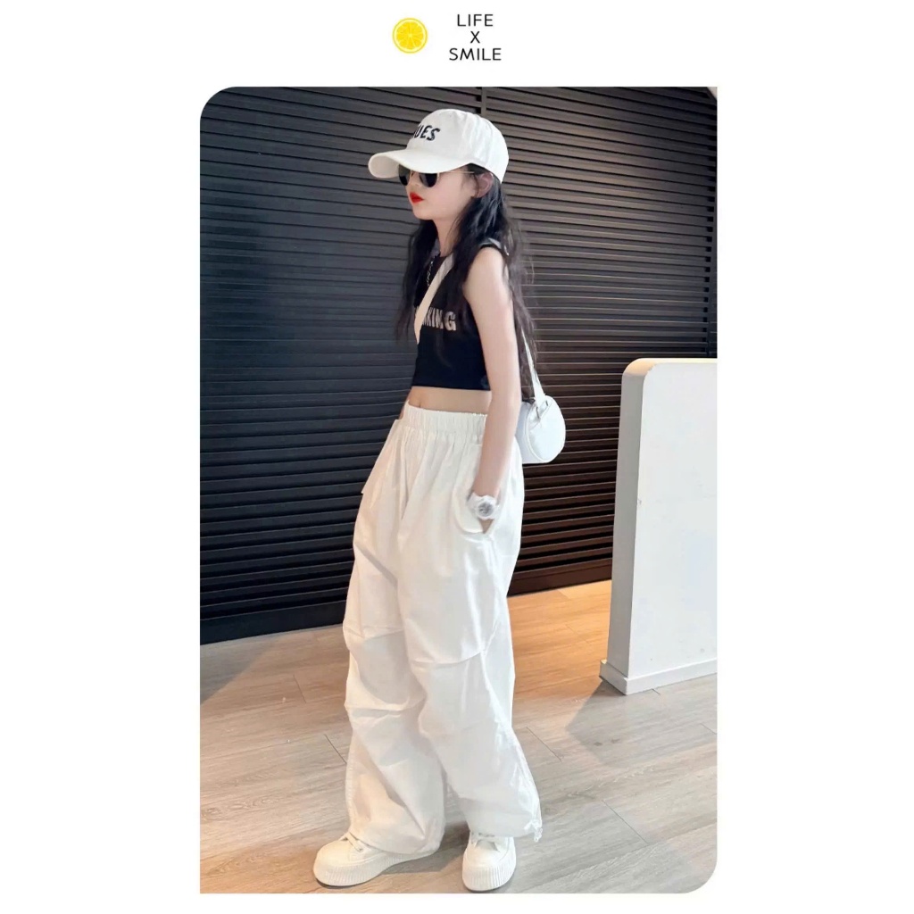 Set đồ bé gái cá tính áo croptop chữ phối quần ống rộng phong cách năng động, thời trang hè cho bé