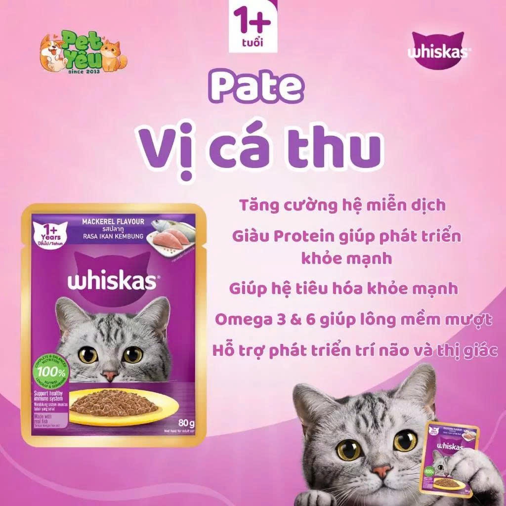 [Combo 5-14-28 Gói] Pate Whiskas Cho Mèo Mix Vị 80g, Giàu Protein Và Vitamin, Phù Hợp Mèo Lớn Và Mèo Con