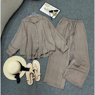 Set đồ Bigsize nữ sơ mi dài tay phối quần suông lưng chun ống rộng vải đũi phong cách basic, nhiều màu - SET858