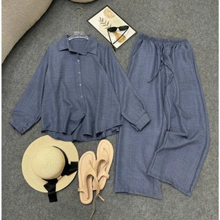 Set đồ Bigsize nữ sơ mi dài tay phối quần suông lưng chun ống rộng vải đũi phong cách basic, nhiều màu - SET858