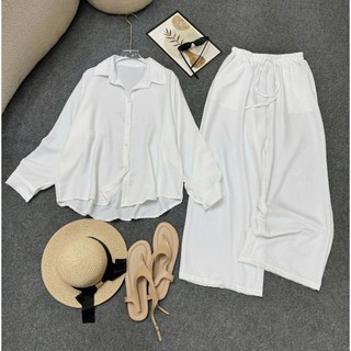 Set đồ Bigsize nữ sơ mi dài tay phối quần suông lưng chun ống rộng vải đũi phong cách basic, nhiều màu - SET858