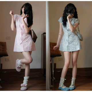 Váy Kẻ Caro Nữ Cúc Bọc Dáng Suông Tay Ngắn Form Rộng Buộc Dây Eo Váy Chữ A LoliDress Đi Chơi Cakecat