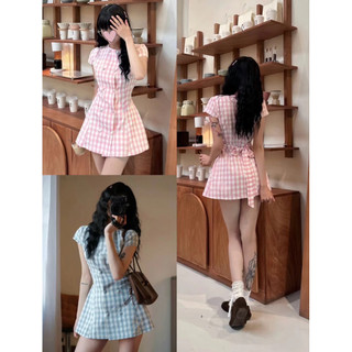 Váy Kẻ Caro Nữ Cúc Bọc Dáng Suông Tay Ngắn Form Rộng Buộc Dây Eo Váy Chữ A LoliDress Đi Chơi Cakecat