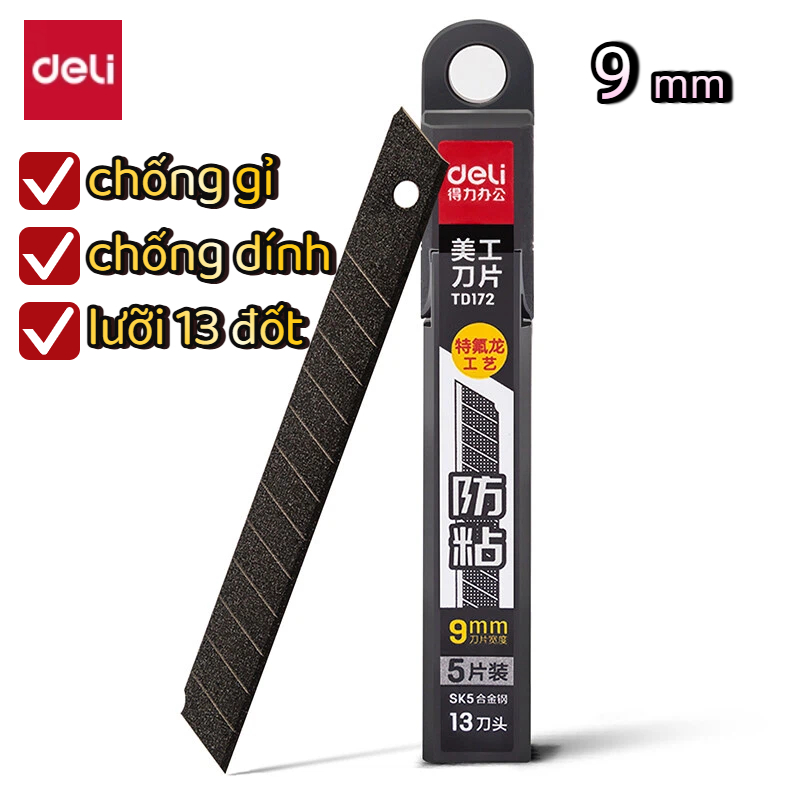 Lưỡi dao Deli  chống dính SK5 siêu sắc bén – 13 đốt – Hộp 10 lưỡi bền, không dính keo