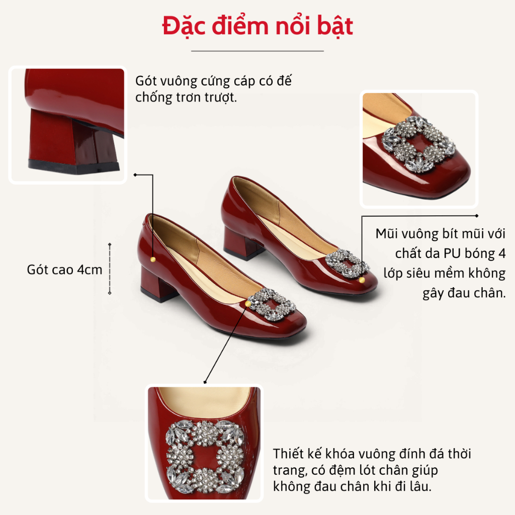 Giày Cao Gót Nữ 4cm Mũi Vuông Phối Khóa Vuông Đính Đá Pixie H442
