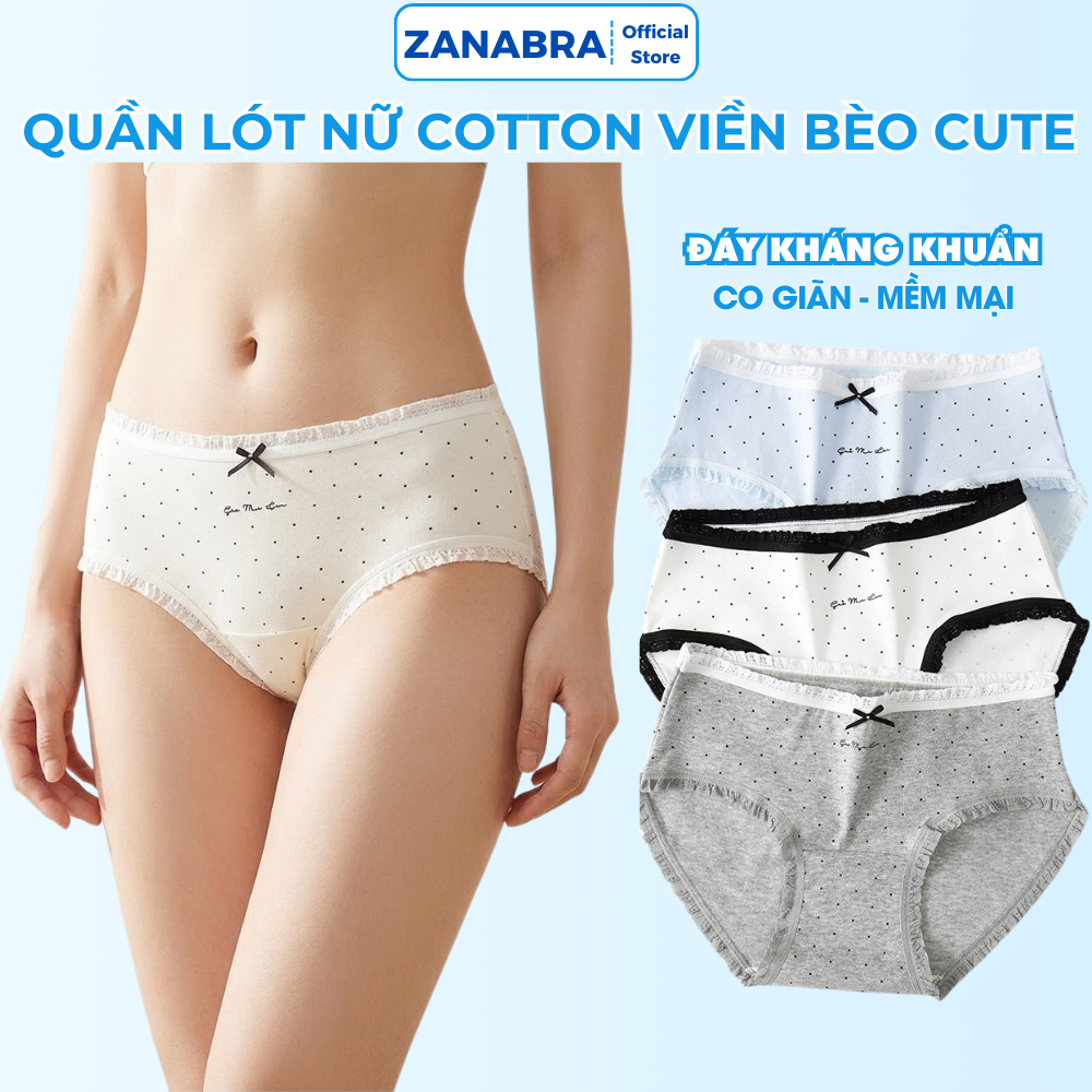 [Combo 6 hoặc 3] Quần Lót Cotton Chấm Bi Phối Viền Nơ Bèo, Quần Chip Nữ Kháng Khuẩn 10A Thoáng Khí ZANABRA L5114