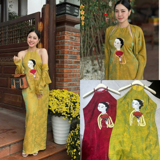 Váy lụa ánh kim cổ yếm thêu hình cô gái cầm quạt dáng dài