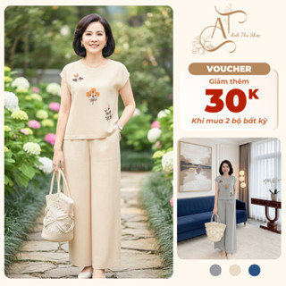 Bộ Đồ Thô Đũi Trung Niên Nữ Ngắn Tay Thêu Hoa – Chất Liệu Mềm Mát, Thoải Mái Form Thanh Lịch - Anh Thư Shop (AT41)