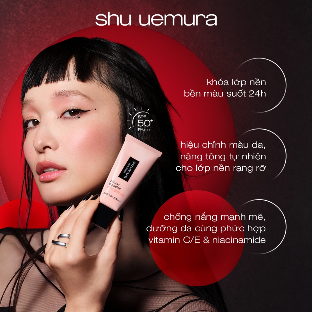 [mới] kem lót khóa nền 24h, nâng tông và chống nắng 3-trong-1 shu uemura block:booster charged up