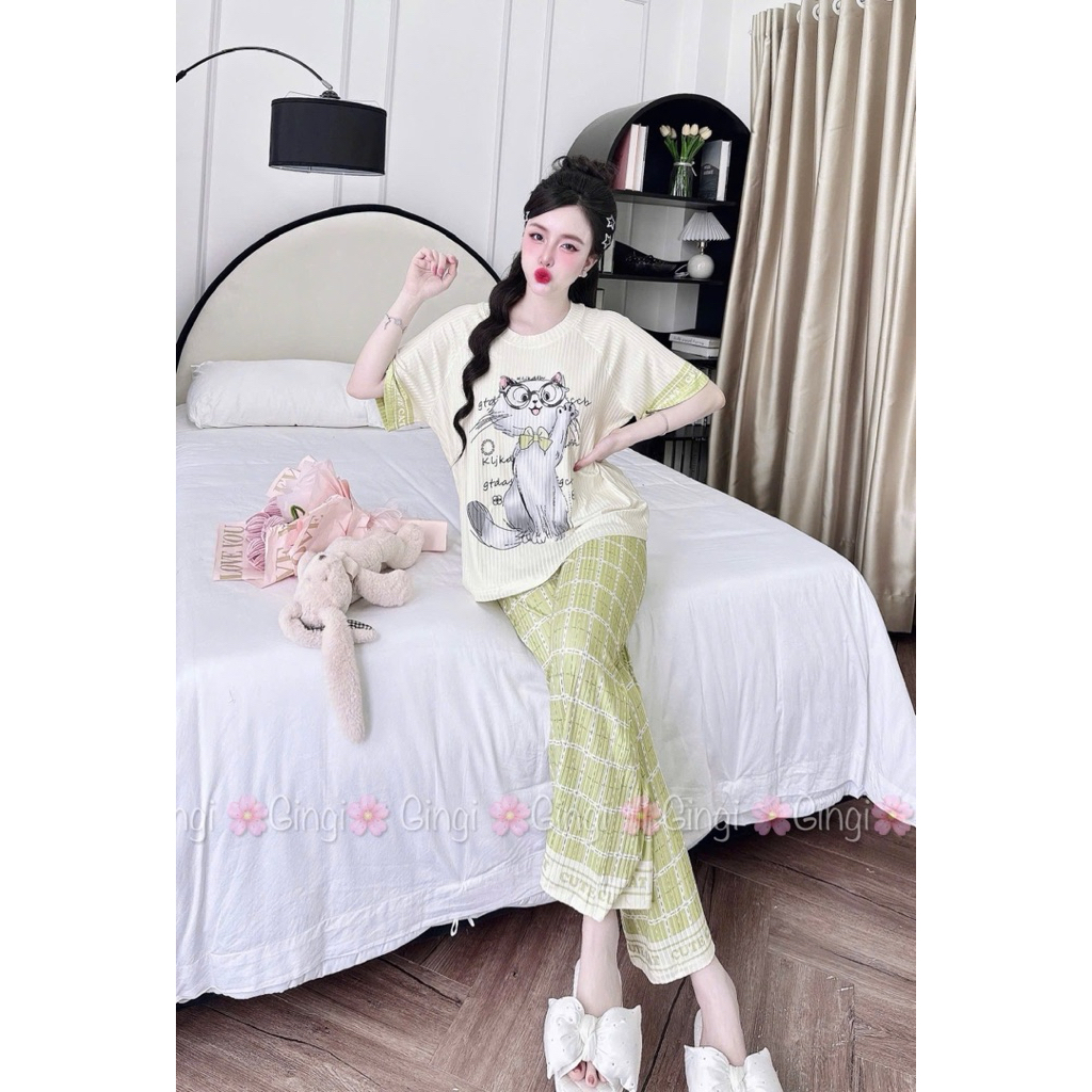 [ Size40-60kg TNQD1408242 ]Đồ nữ mặc nhà áo tay ngắn quần dài form cổ tròn hoạ tiết đáng yêu chất vải thun đũa lạnh