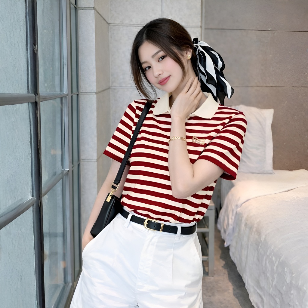 Áo Polo Sọc Màu Đỏ Thanh Lịch, Chất Cotton Mềm Mịn.