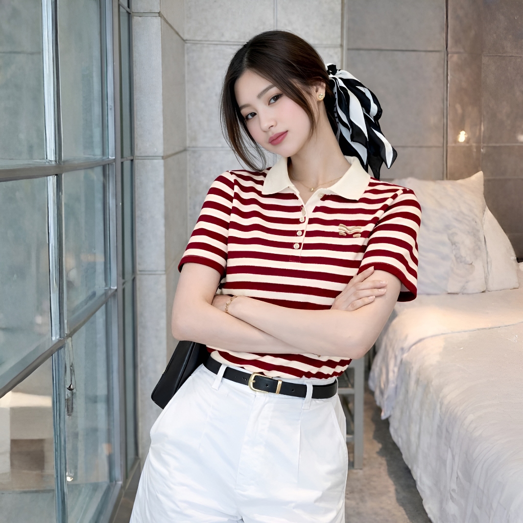 Áo Polo Sọc Màu Đỏ Thanh Lịch, Chất Cotton Mềm Mịn.