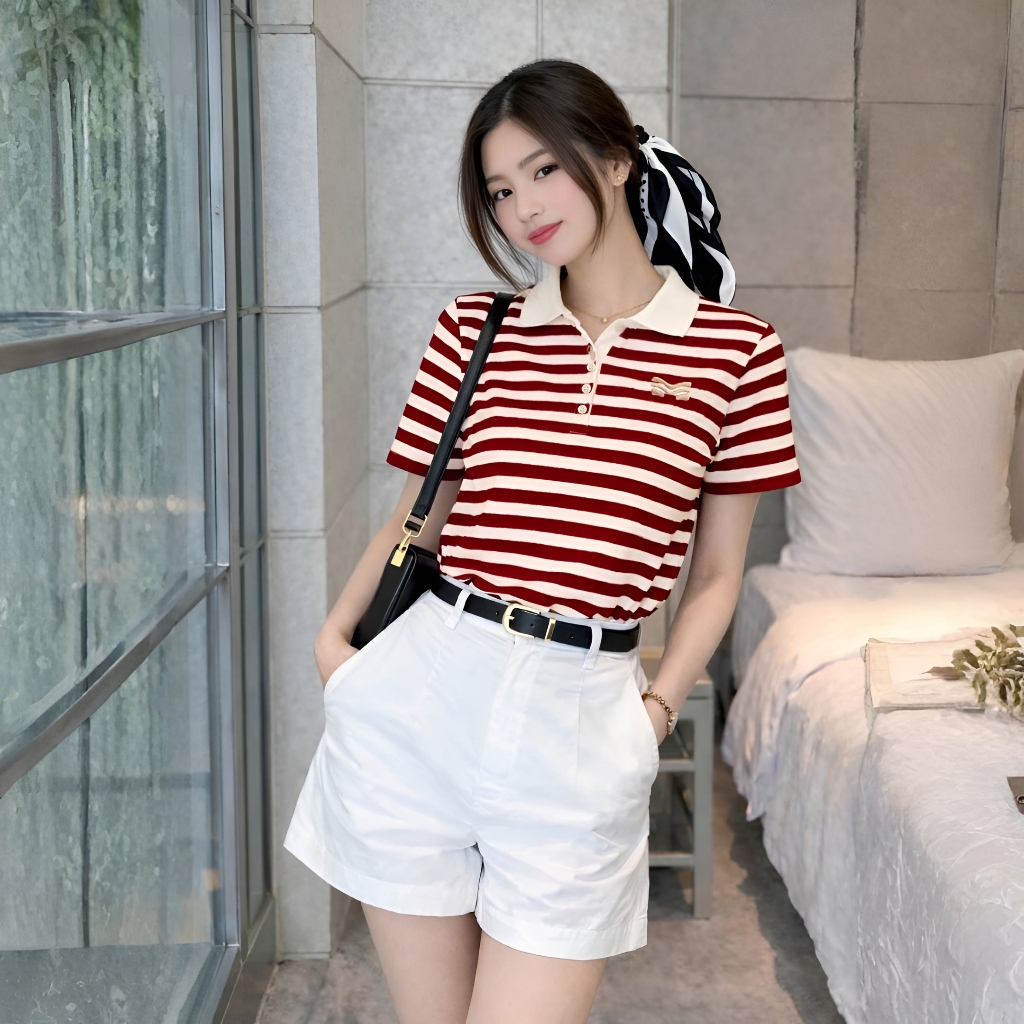 Áo Polo Sọc Màu Đỏ Thanh Lịch, Chất Cotton Mềm Mịn.