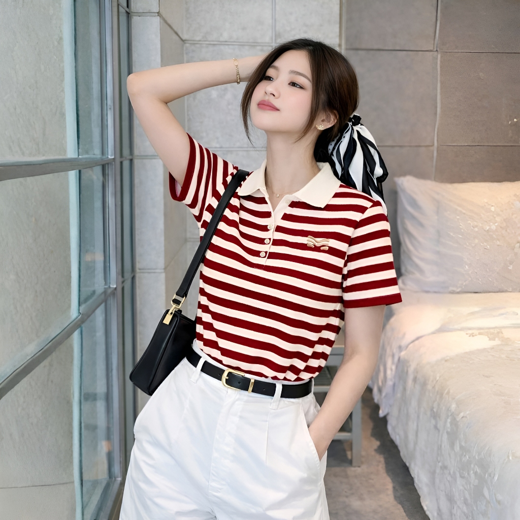 Áo Polo Sọc Màu Đỏ Thanh Lịch, Chất Cotton Mềm Mịn.