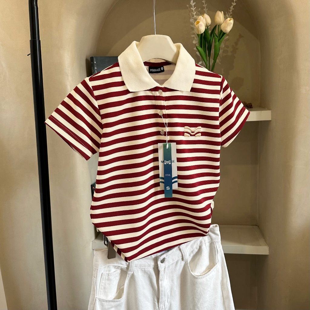 Áo Polo Sọc Màu Đỏ Thanh Lịch, Chất Cotton Mềm Mịn.
