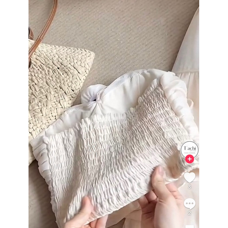 Set maxi bé gái chất lụa mềm mịn màu kem, áo quây nhún kèm chân váy bồng nhẹ phong cách tiểu thư