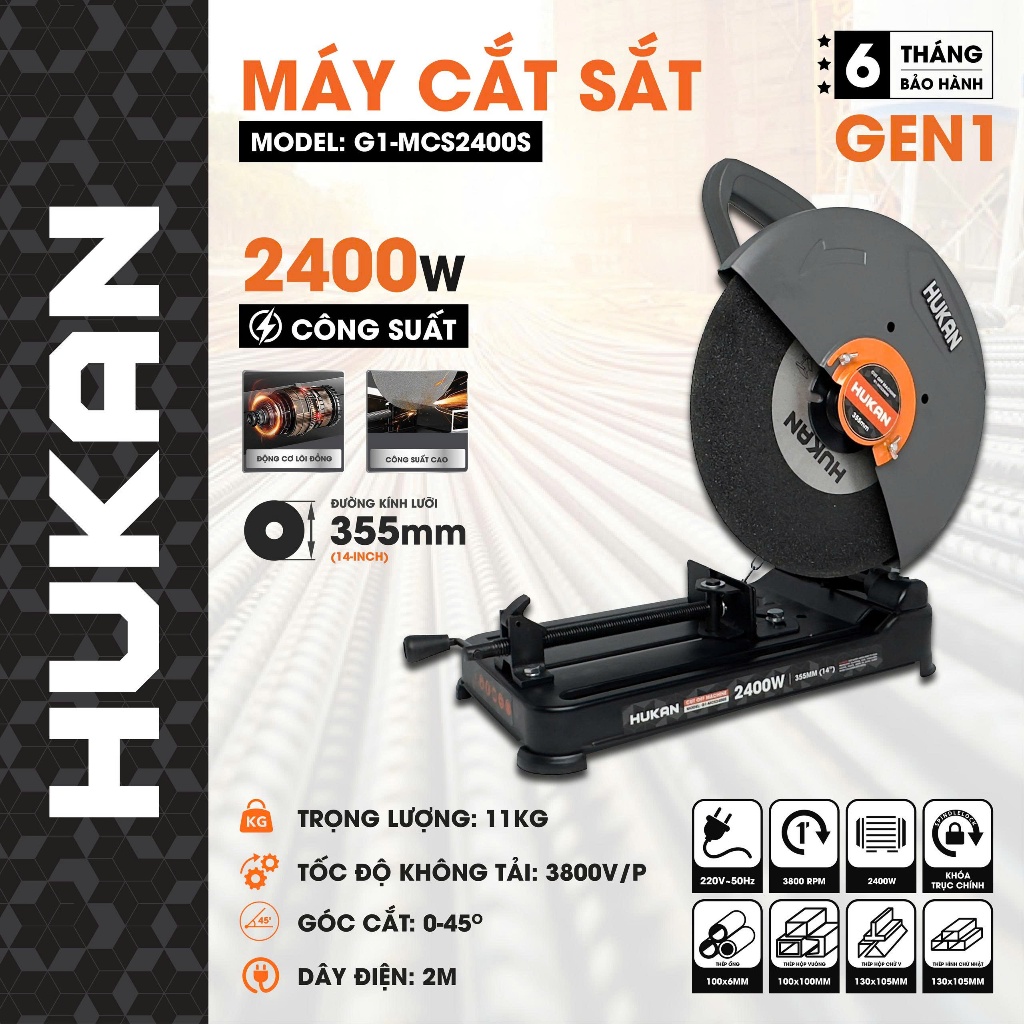 Máy Cắt Sắt HUKAN 2400W G1-MCS2400S Động Cơ Mạnh Mẽ | Lưỡi 355mm | Cắt Sắt Thép Nhanh Chính Xác| BH 6 Tháng