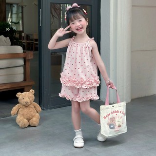 Set Bộ Hè Chất Đũi Hàn 2 Dây Nhún Bèo Xinh Cho Bé Gái Ở Nhà, Đi Học, Đi Chơi,.... 8-26kg [Hình Thật]