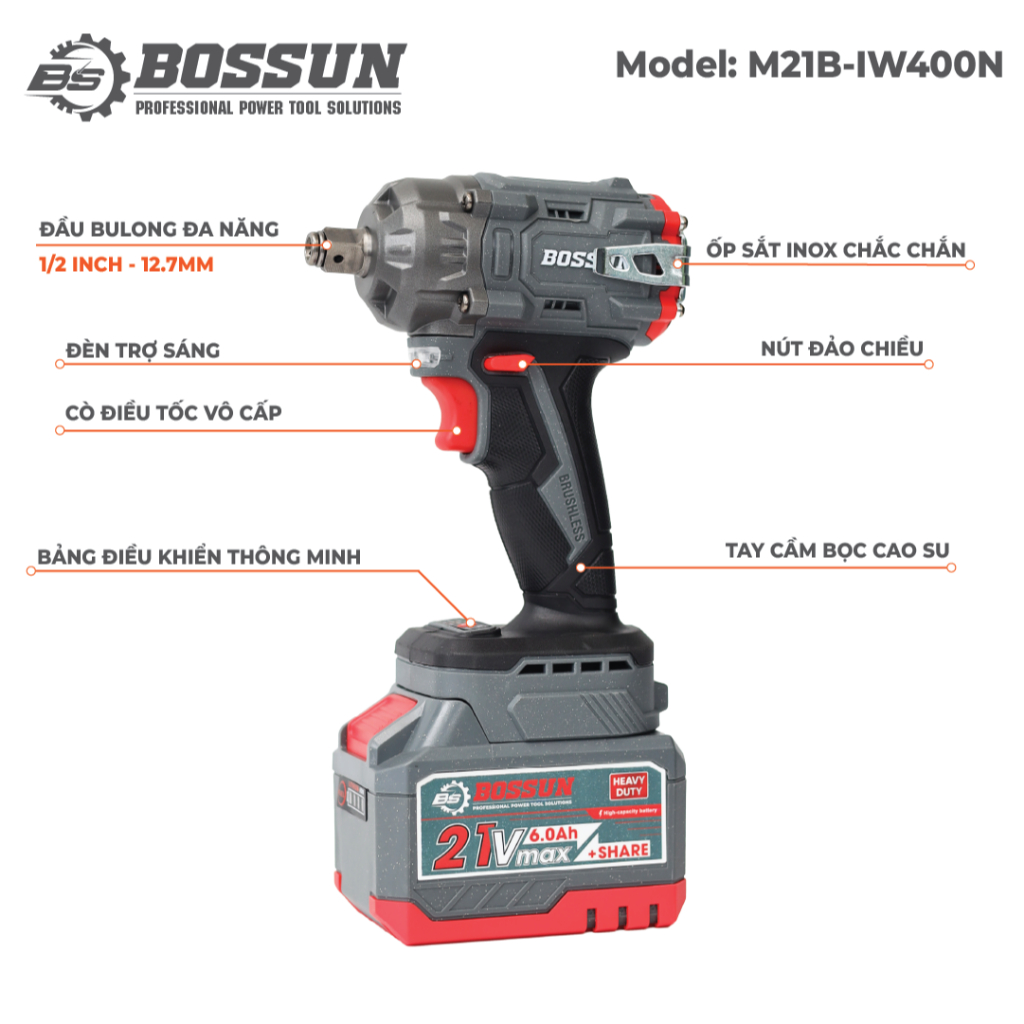 Combo BOSSUN 21V: Máy Siết Bu Lông 400Nm M21B-IW400N + Máy Mài Góc M21B-AG100PRO – Brushless, Pin 6.0Ah, Trọn Bộ Phụ Kiệ