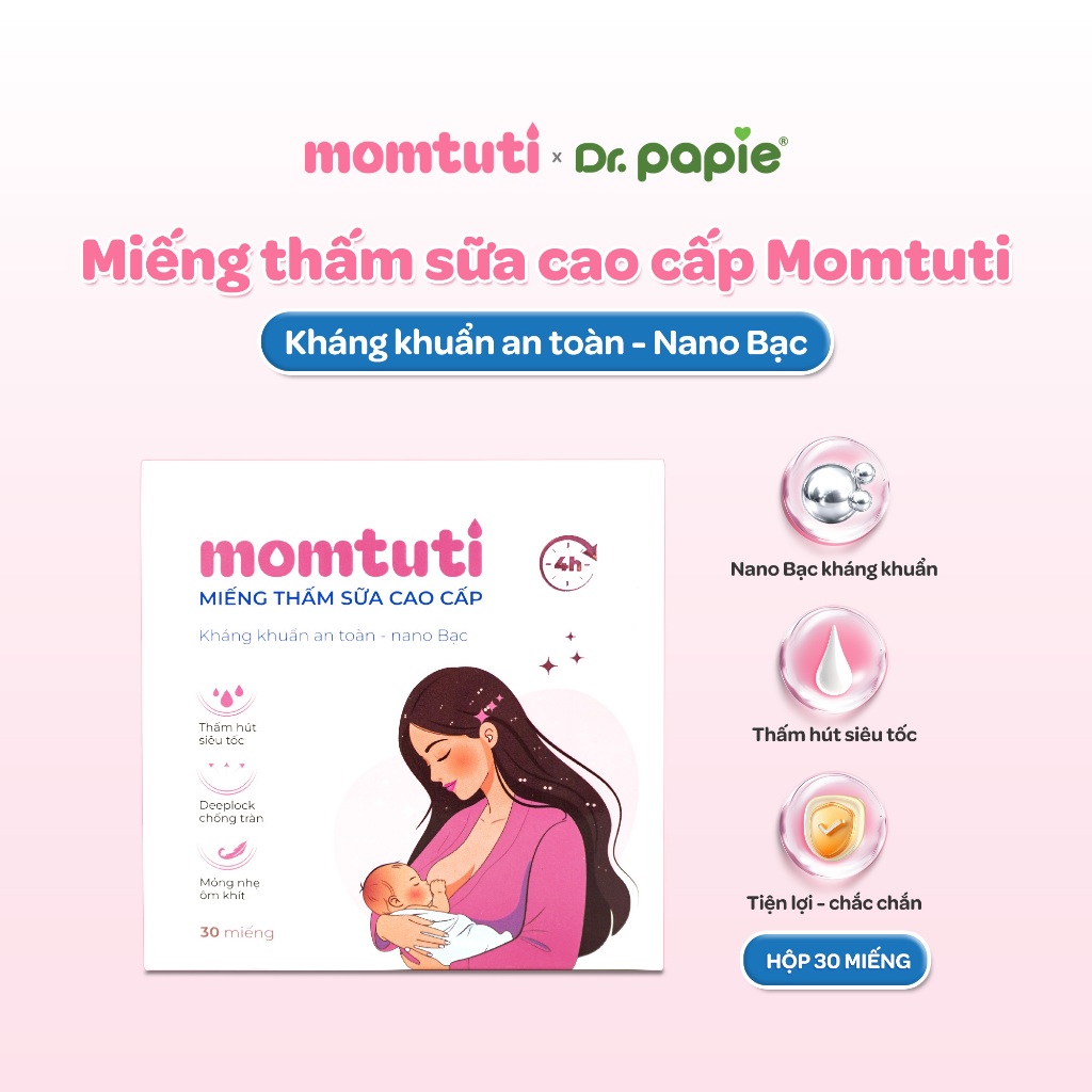 [SVIP] Miếng Lót Thấm Sữa Mỏng Nhẹ Thấm Hút Nhanh Momtuti Dành Cho Mẹ Bỉm Chống Tràn 360 độ (30 miếng/hộp)