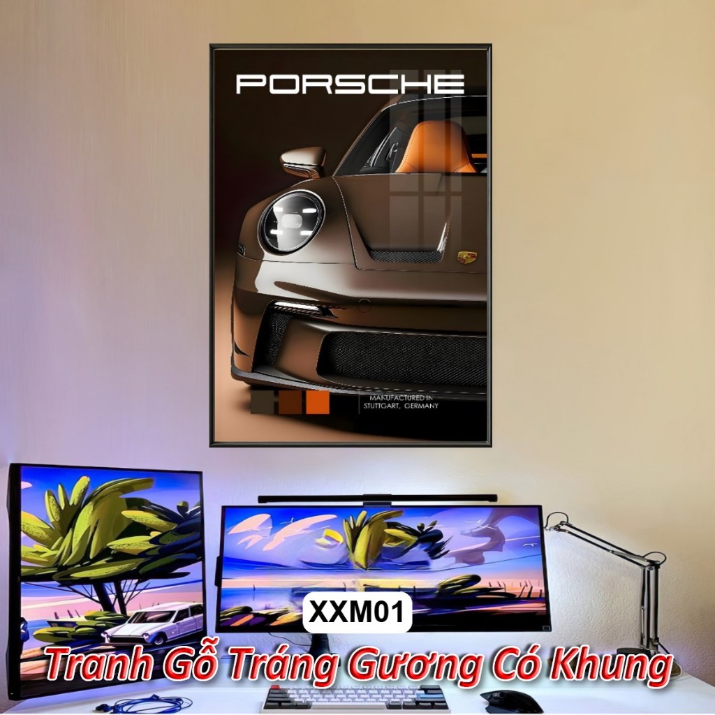 Tranh Xe Porsche, F1 Nghệ Thuật Tráng Gương Khung Composite Decor Treo Tường Trang Trí Nhà Cửa