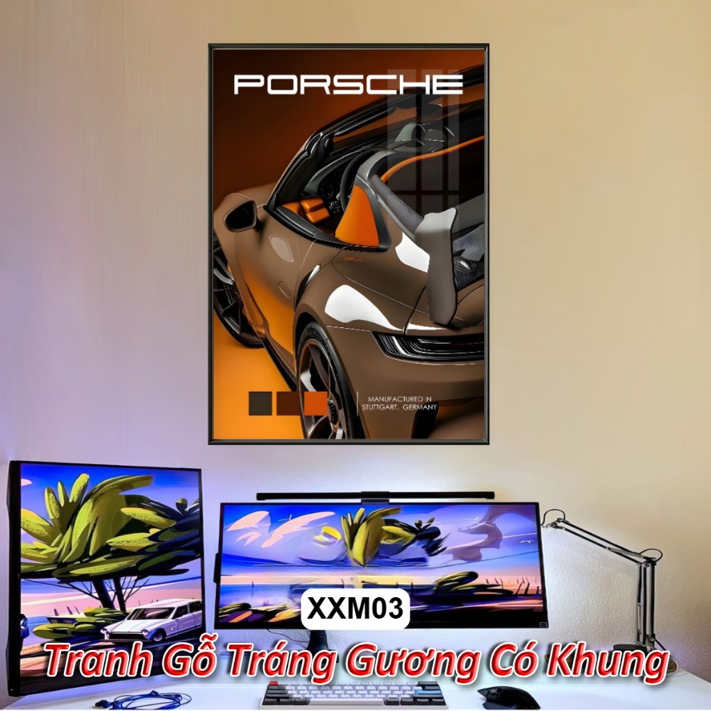 Tranh Xe Porsche, F1 Nghệ Thuật Tráng Gương Khung Composite Decor Treo Tường Trang Trí Nhà Cửa