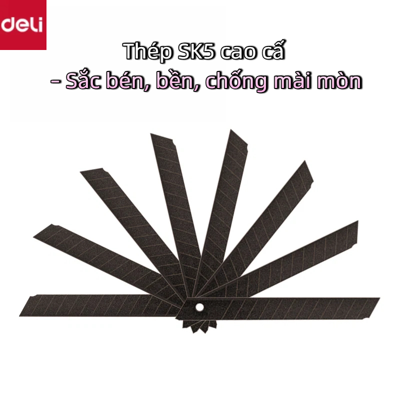 Lưỡi dao Deli  chống dính SK5 siêu sắc bén – 13 đốt – Hộp 10 lưỡi bền, không dính keo