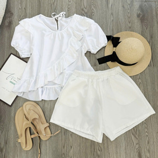 Đồ Bộ Bigsize Nữ Dễ Thương Áo Babydoll Vạt Bèo Chéo Phối Quần Đùi Chữ A Năng Động SM277+Q500