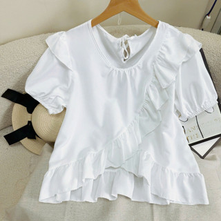 Áo Babydoll Bigsize Nữ Áo Kiểu Cổ Tròn Tay Bồng Dáng Ngắn Vạt Bèo Chéo Dễ Thương Cho Chubby SM277