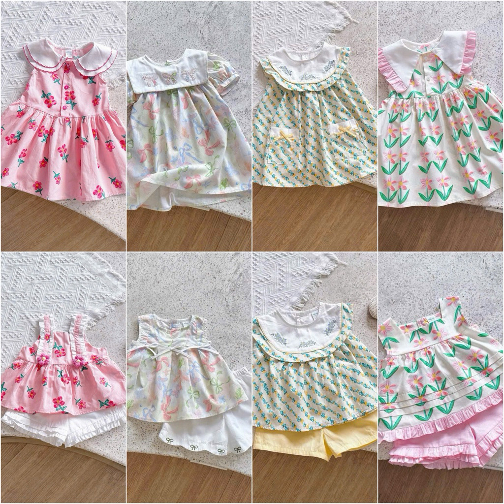 Set váy và bộ bé gái mùa hè OP chất thô cotton mềm mát, họa tiết xinh xắn, size 1-6 tuổi (9-26kg)