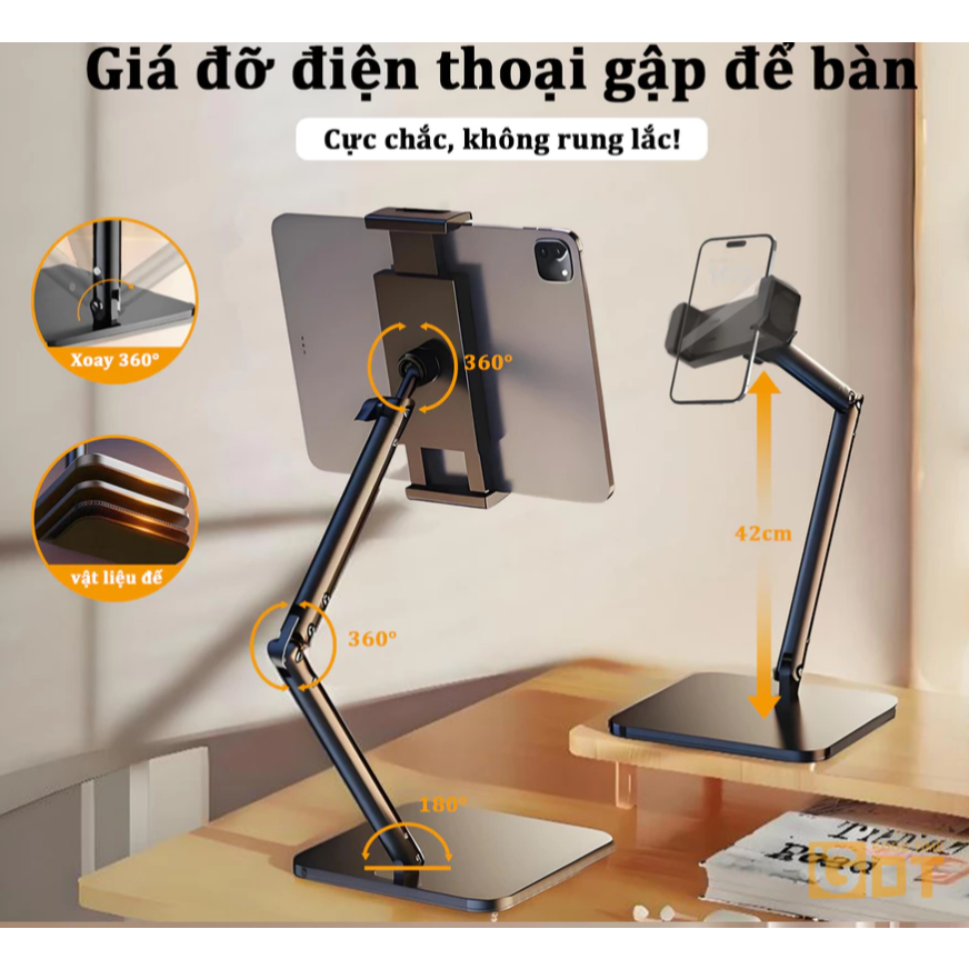 Giá đỡ điện thoại, ipad, máy tính bảng hợp kim nhôm cao cấp, Đế đúc chắc chắn 4 trục xoay 360° chống rung, gấp gọn