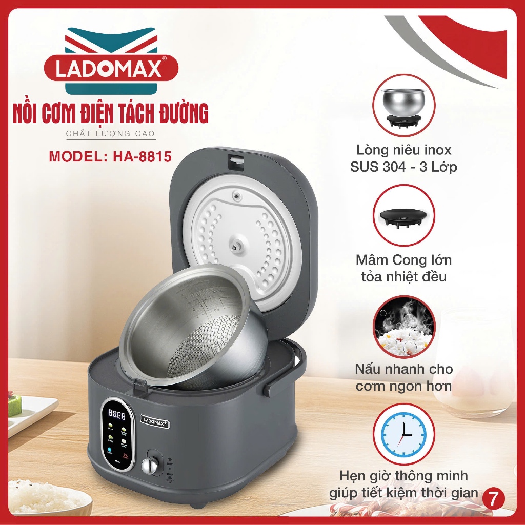 NỒI CƠM ĐIỆN TÁCH ĐƯỜNG LADOMAX  Model: HA-8815_Inox