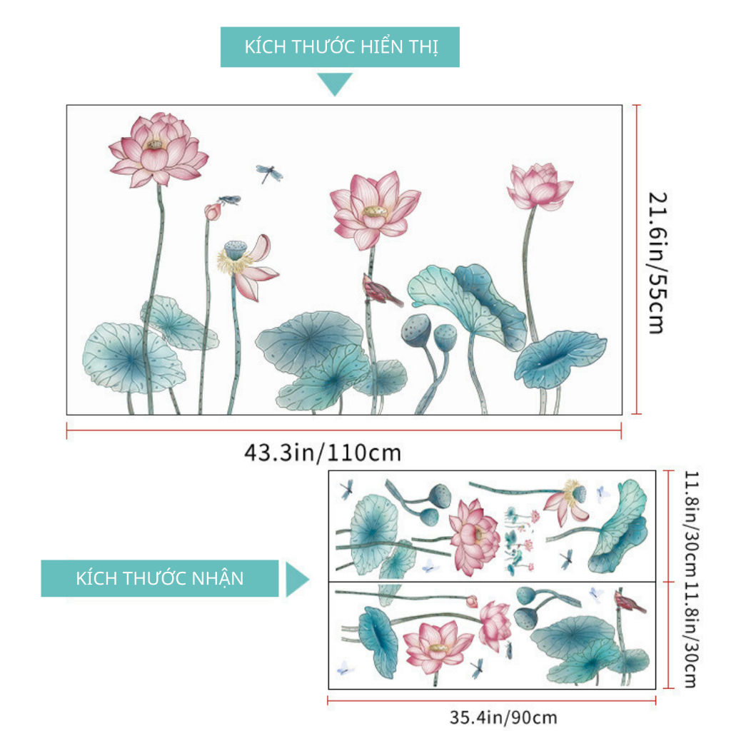 Decal Dán Tường Đầm Hoa Sen 3D Tinh Tế Có Keo Sẵn 110x55cm - Trang Trí Phòng Khách Phòng Trà