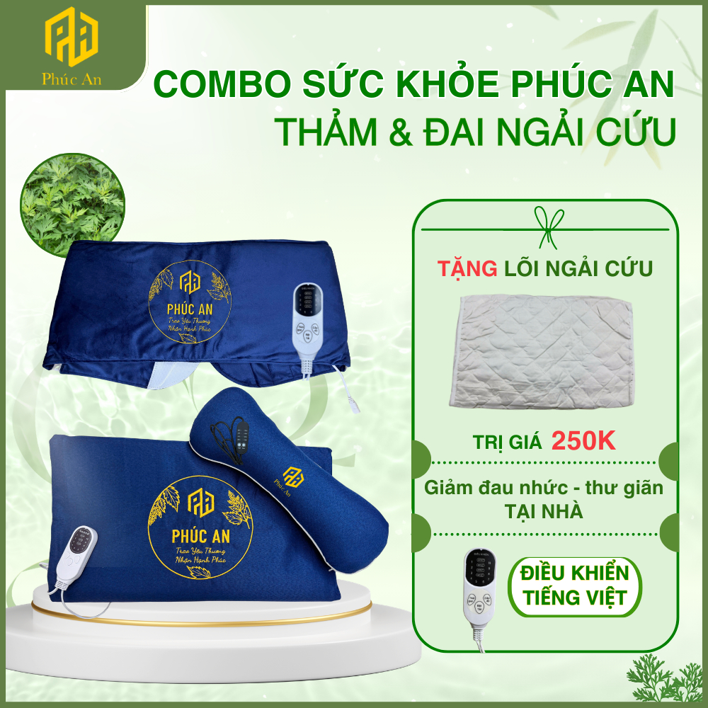 Combo Thảm gối & Đai ngải cứu Phúc An, Tặng kèm lõi ngải cứu, Trọn bộ chăm sóc sức khỏe tại nhà