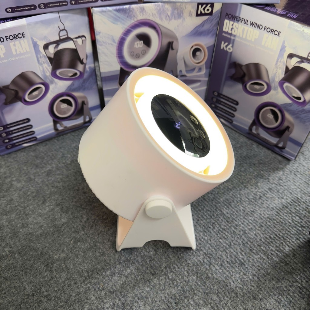 Quạt Tích Điện K6 Đa Năng Mẫu Mới Pin Bền Lâu – Để Bàn & Treo Tường, Tích Hợp Đèn LED