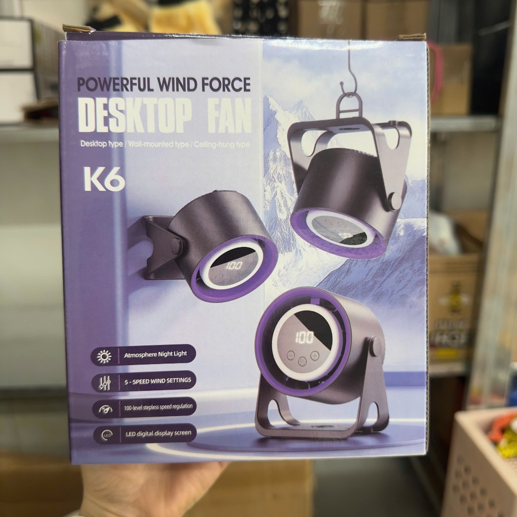Quạt Tích Điện K6 Đa Năng Mẫu Mới Pin Bền Lâu – Để Bàn & Treo Tường, Tích Hợp Đèn LED